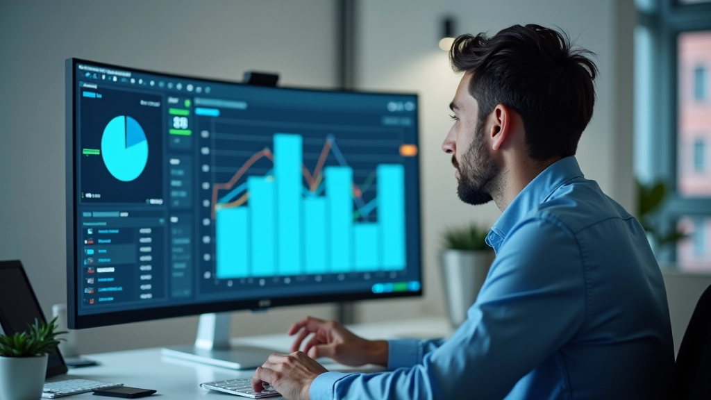 Designer che esamina risultati sondaggio su grande monitor con grafici e statistiche visualizzate, appunti sparsi sulla scrivania