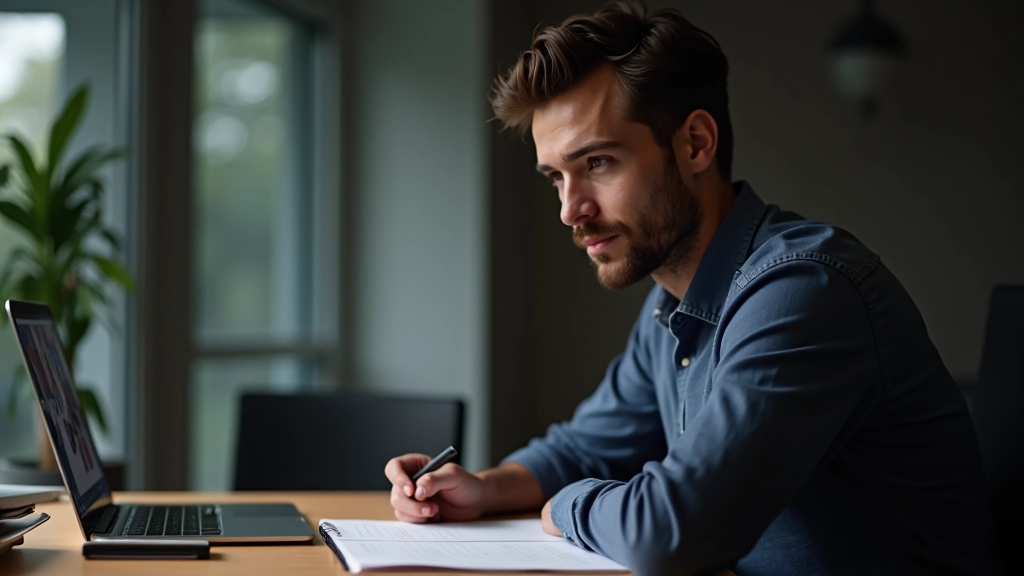 Due designer seduti al tavolo con quaderni, uno parla al microfono mentre l'altro prende note durante intervista con utente remoto sullo schermo