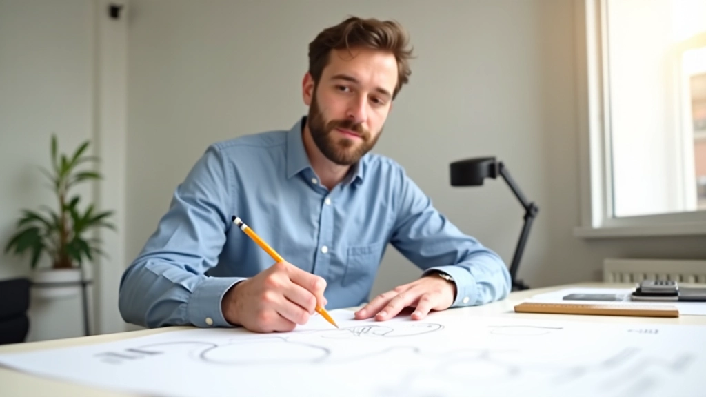 Designer che disegna wireframe su carta a mano con matita e righello su scrivania moderna