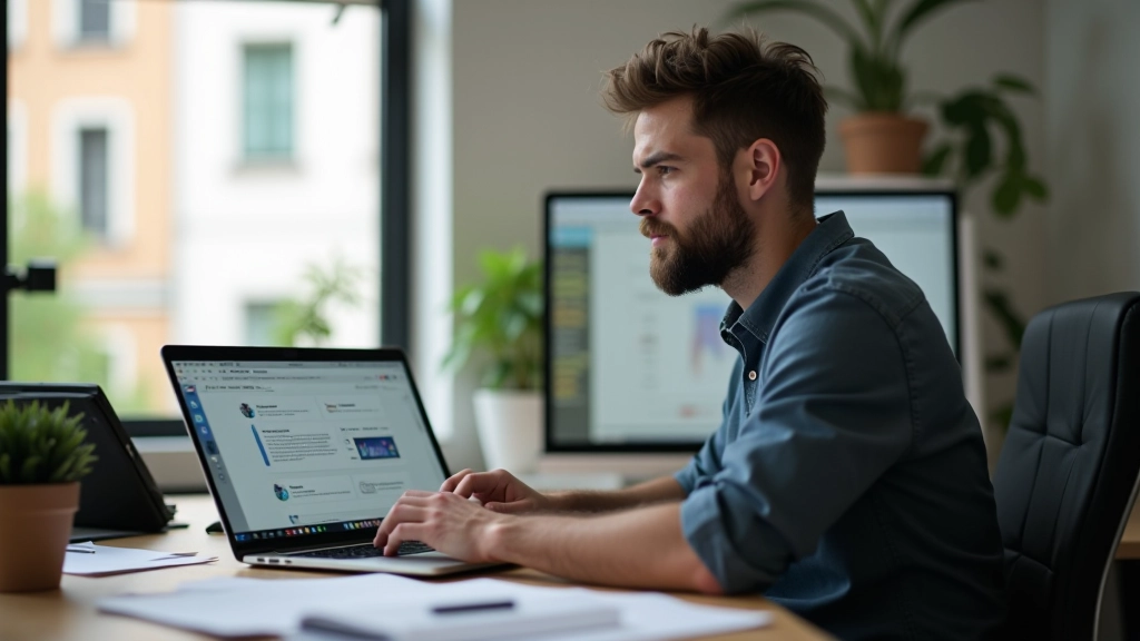 Designer al computer che lavora su Figma, con multiple finestre aperte mostrando il design, il prototipo e la documentazione del sistema, con sticky note e caffè sulla scrivania