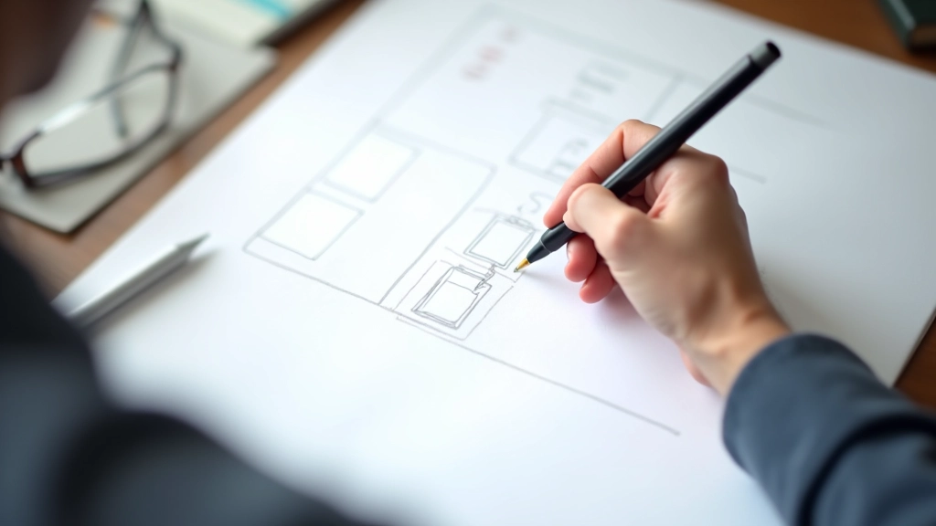 Mano che disegna su carta wireframe con penna nera, griglia e linee per layout mobile responsive