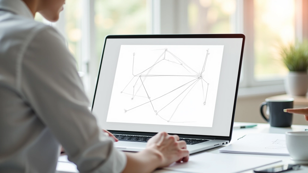 Schermo di laptop con wireframe a bassa fedeltà su carta, elementi geometrici grigio scuro su sfondo bianco