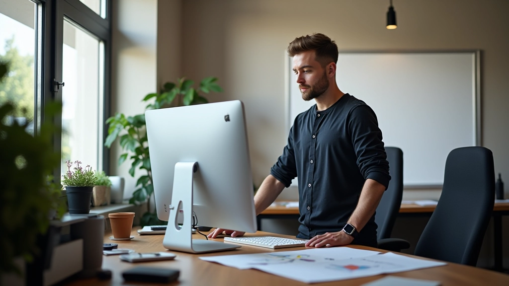 Studio di design moderno con designer che lavora su progetto UX su grande monitor e tavolo da disegno