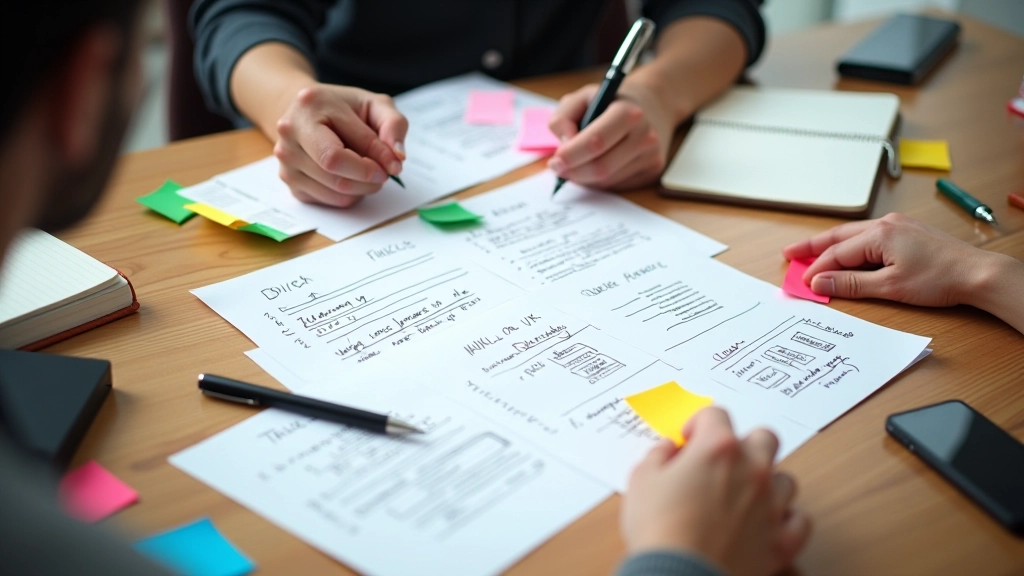 Tavolo di lavoro con appunti scritti a mano, post-it colorati, prototipo cartaceo di wireframe, matite, e notebook aperto per la preparazione del test