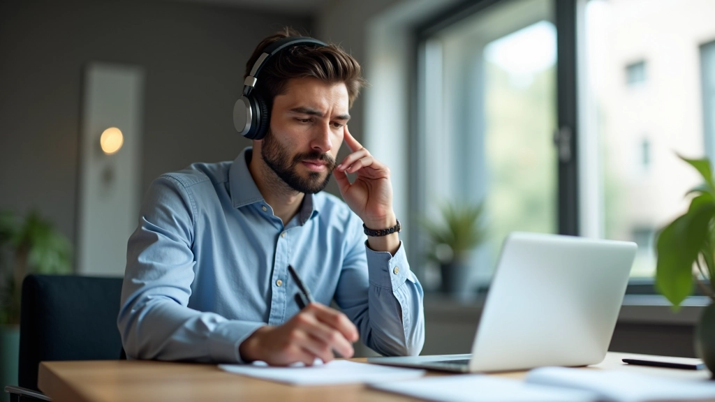 Ricercatore con cuffie che ascolta registrazione di intervista utente durante sessione di analisi dei dati