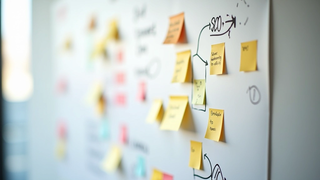 Sticky notes colorate su whiteboard con sintesi di insights da ricerca utente, frecce che collegano concetti correlati, team che osserva da distanza