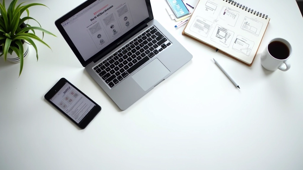 Tavolo di lavoro con computer, tablet, carta e matite, mockup di wireframe su schermo